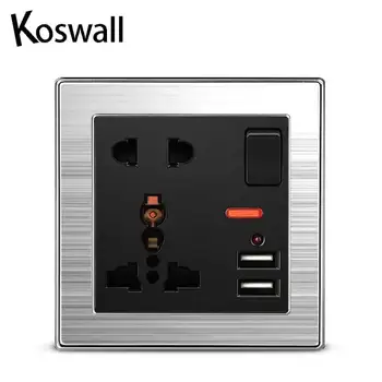 

13A Universal 5 Hole Switched Wall Socket With Neon 2.1A Dual USB Charger Port LED indicator Black Stainless Steel Frame