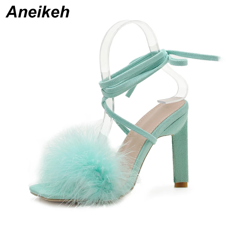 Women High Heels Aneikeh Summer Rome Fashion Furry Cross-Tied Women Pumps Sexy 11CM Thin High Heel Lace-up Dress Party Ladies Sandals