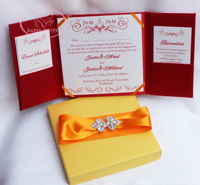 HI2003-127 Customzied Red Silk Folder Wedding Invitation with Gold Box