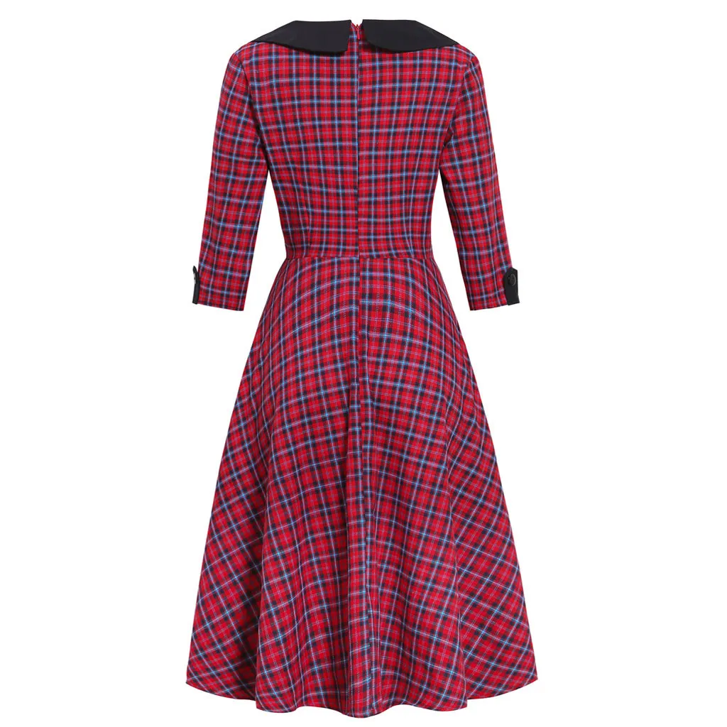 Womail Dress Women Lapel Plaid Printed Button Belt Half Sleeve Ankle-Length Women's Dresses Plus Size Party Dress S-2XL