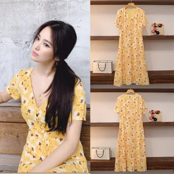 

Song huiqiaoins same French retro elegant button down short sleeve V-neck slim yellow floral dress new in spring and summer 2020