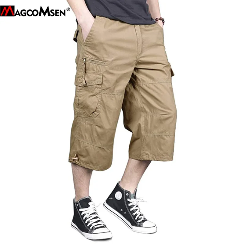 Magcomsen 3/4 Pants Men Summer Baggy Cotton Cargo Pants Male Wide Leg ...