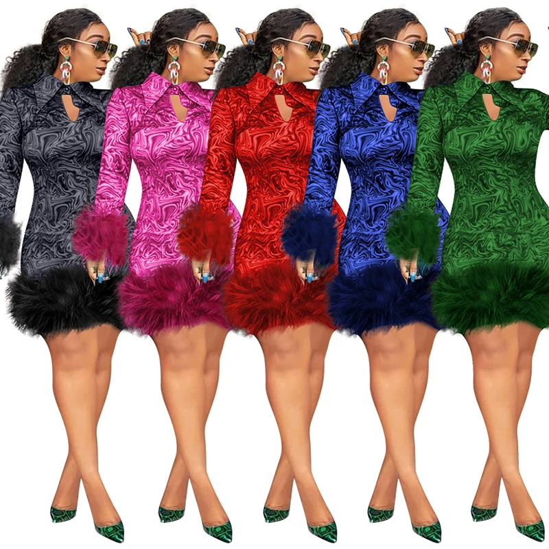 MD Woman Winter Dress 2022 African Print Feather Dress For Women Long Sleeve Evening Party Dress Plus Size 5XL European Clothing