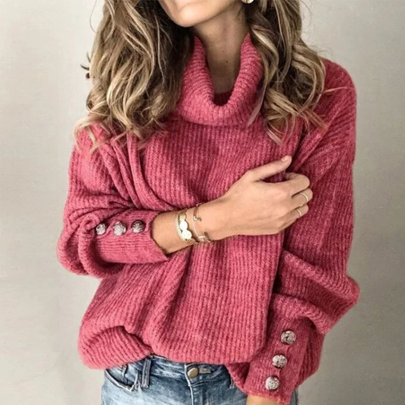 5XL вязаные свитера с высоким воротом для женщин зима осень длинный рукав заклепки пуловер свитер Повседневный пуловер уличная одежда Топы Femme - Цвет: Brick red