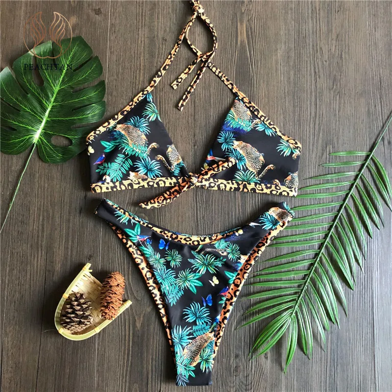 

Peachtan Sexy animal print bikini set 2020 Halter swimsuit female Triangle push up swimwear women Summer bathing suit biquini