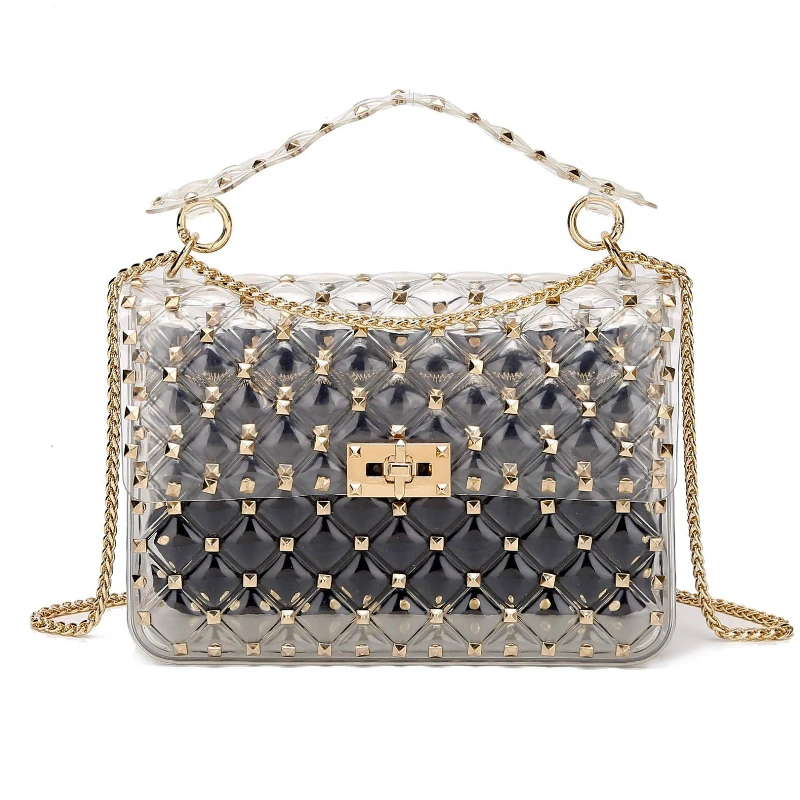 

2019 New Fashion Rivet Transparent Beach Designer Bags Tote Bags for Women Diamond Lattice Crossbody Bag Jelly Clear Purse
