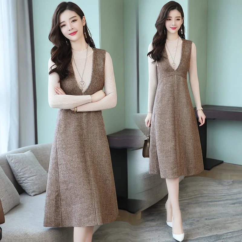 

Woolen Dress Female Autumn 2019 New Style Sweater with Braces Skirt Two-Piece Set Autumn And Winter Sleeveless Vest Long Skirts
