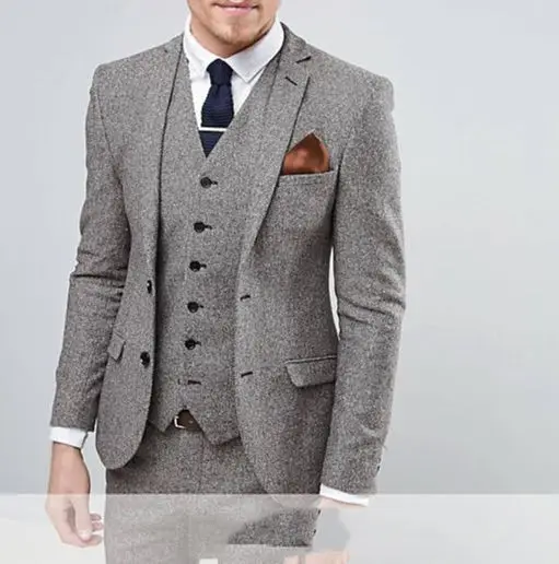 (Jacket+Pants+Vest) Tailor-Made Grey Tweed Men Work Jacket 3 Piece Grooms Party Outfit For Man 2021 Blazer Coat Custom Made | Мужская