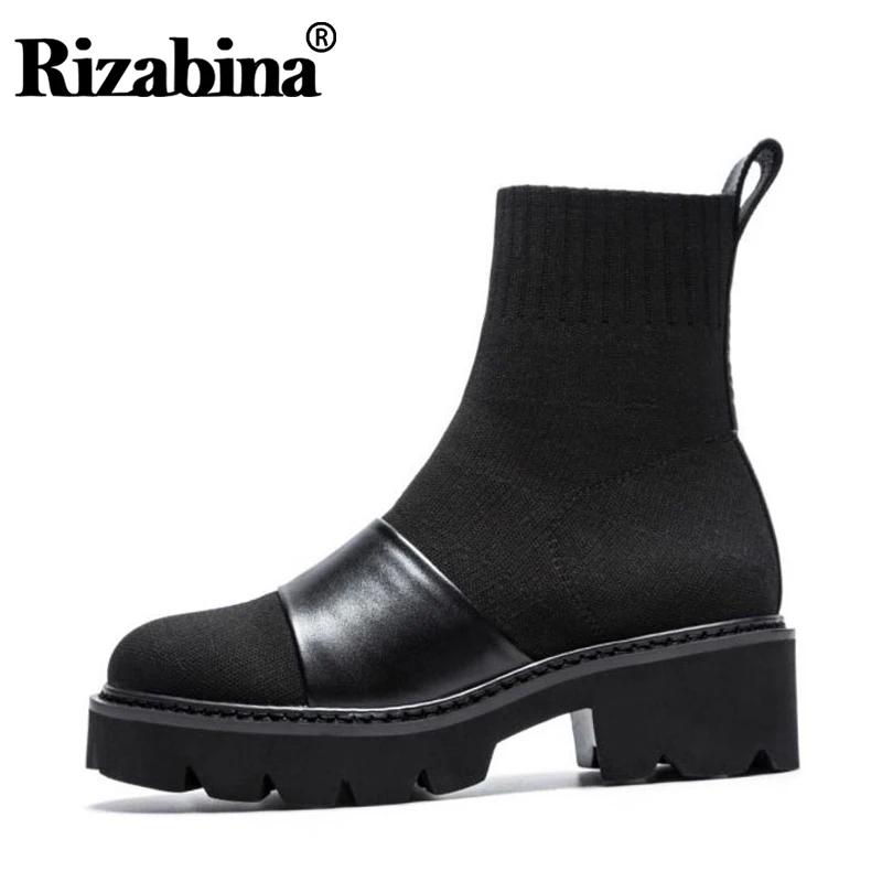 

RIZABINA Women Ankle Boots Genuine Leather Patchwork Knitting Platform Boots Casual Stripe Square Heeled Footwear Size 34-41