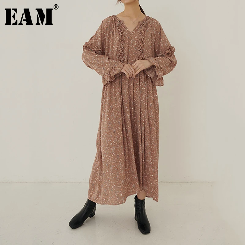 

[EAM] Women Ruffles Stitch Printted Big Size Midi Dress New V-Neck Long Sleeve Loose Fit Fashion Tide Spring Autumn 2020 1S314