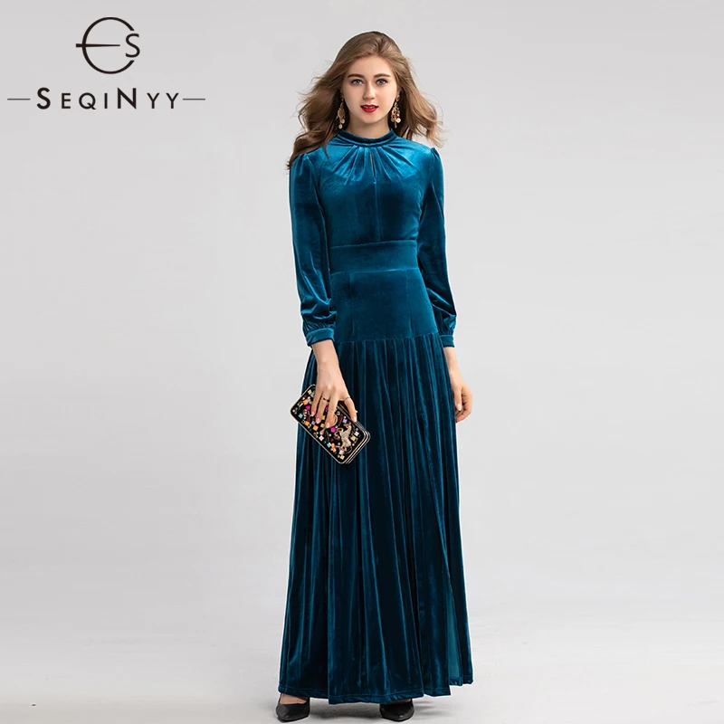 SEQINYY Elegante Maxi Jurk 2020 Herfst Winter Nieuwe Fashion Design Vrouwen Lange Mouwen Hoge Kwaliteit Fluwelen Lange Jurk