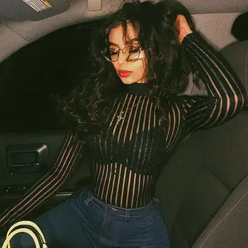 

2020 New Bodysuit Fashion Women Stripe See Through Playsuit Ladies Mesh Bodycon Leotard Jumpsuits Tops Clothes