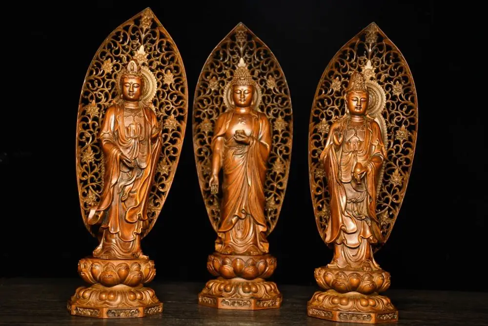 

11" China Lucky Seikos Boxwood Western Three Holy Buddha Statues Shakyamuni Buddha Statue Statue of Avalokitesvara Amitabha