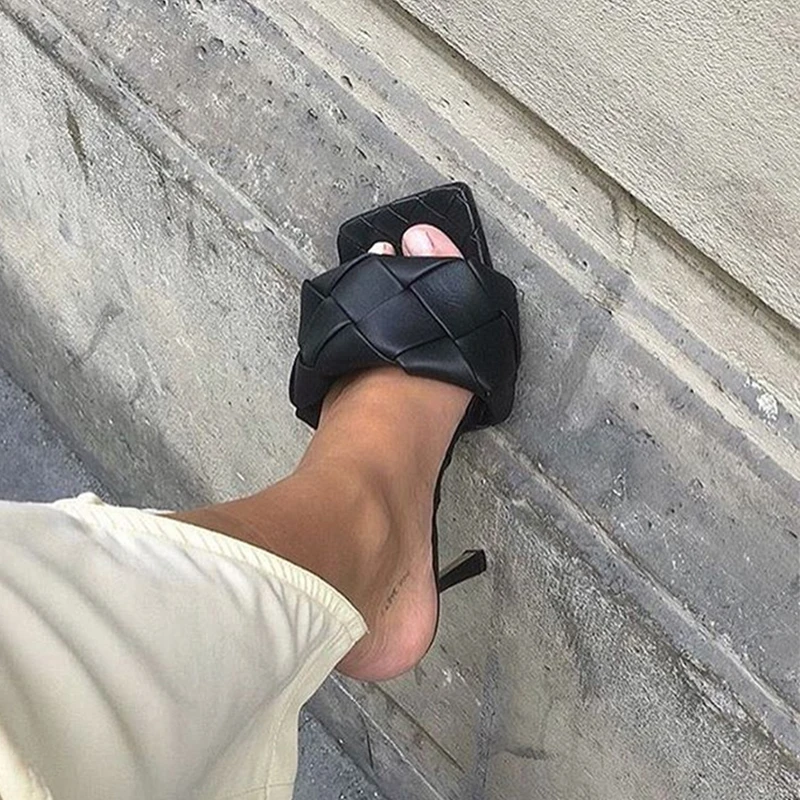 

Runway Genuine Leather High Heels for Women Square Toe Braid Rhombus Party Shoes Nude Slippers Sexy Gladiator Sandals Women 2020