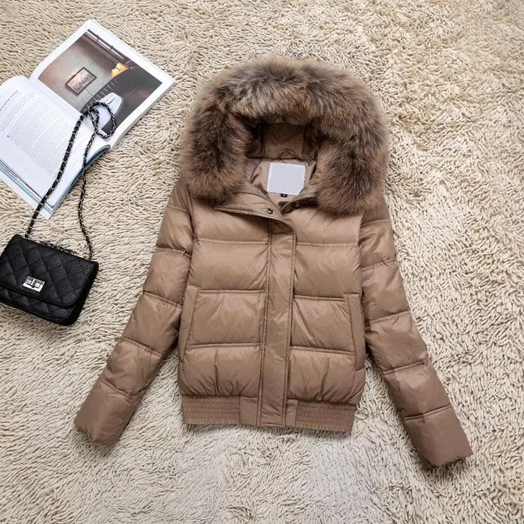 Winter Natural Real Raccoon Fur White Duck Down Jacket Women Long Sleeve Slim Parkas Coat Female Zipper Pockets Outwear - Цвет: Khaki