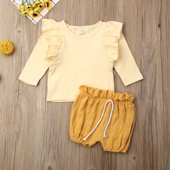 

Pudcoco Newborn Baby Girl Clothes Solid Color Long Sleeve Ruffle Tops PP Pants 2Pcs Outfits Cotton Linen Clothes