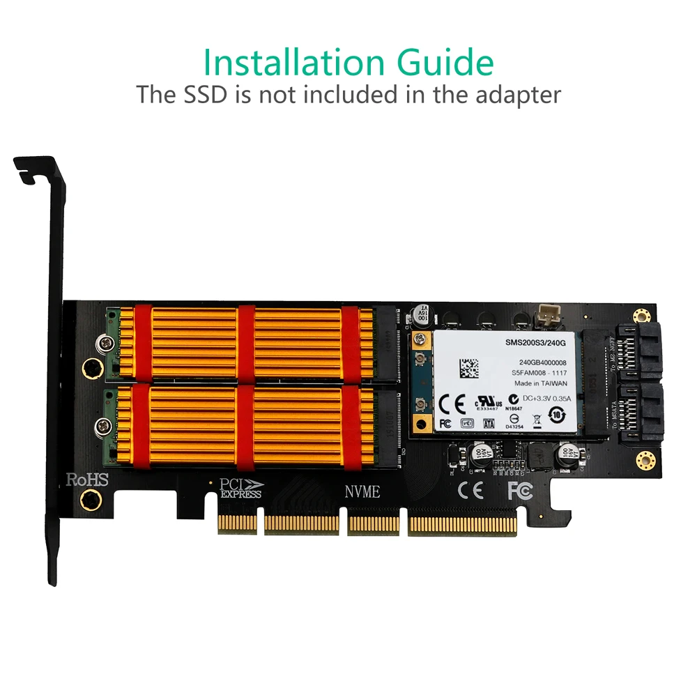 QINDIAN Add On Card M.2 NVME NGFF mSATA Riser PCIE to M2 Adapter with Gold M.2 Heatsink SSD Cooling PCI Express X4/X8/X16 Raiser