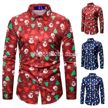 

European Size Men Christmas Snowman Printing Long Sleeve Shirt Male Slim Fit Business Leisure Joker Shirt Male