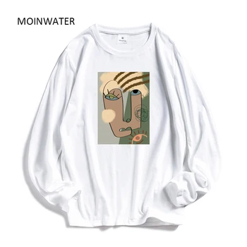 

MOINWATER Women Fashion Long Sleeve T shirts Abstract Pattern Lady 100% Cotton Tees Female Soft Black White Base Tops MLT2025