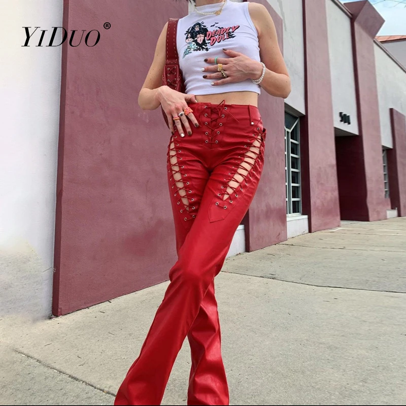 YiDuo Y2K Hollow Out Lace Up PU Leather 