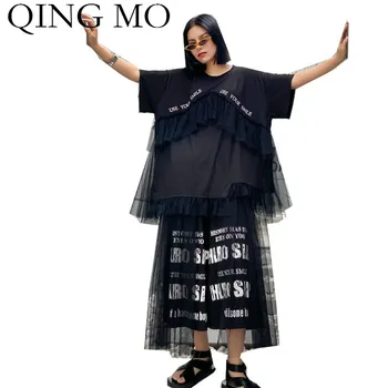 

QING MO Black Orange Women Summer Two Pieces Set Mesh Patchwork Set Female Letter Printed Set 2020 Fashion ZQY3935