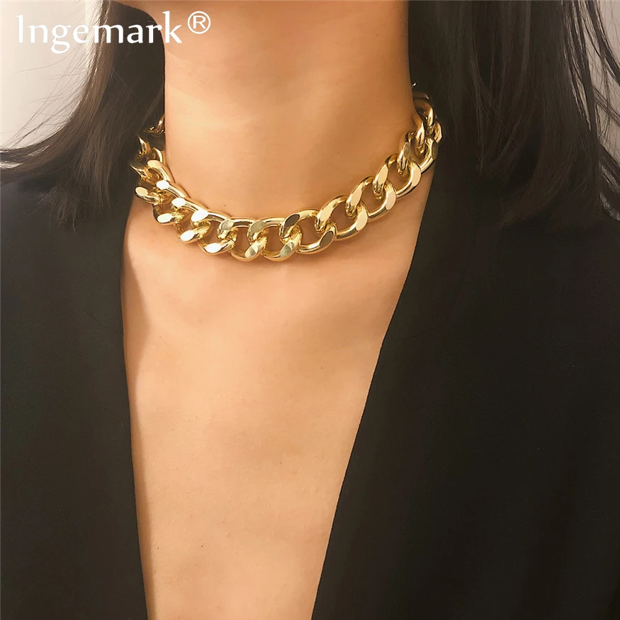 Promo Choker Necklace Jewelry Collar Thick Chain Punk Miami Cuban Hip-Hop Statement Gold-Color Vq8eYb6B