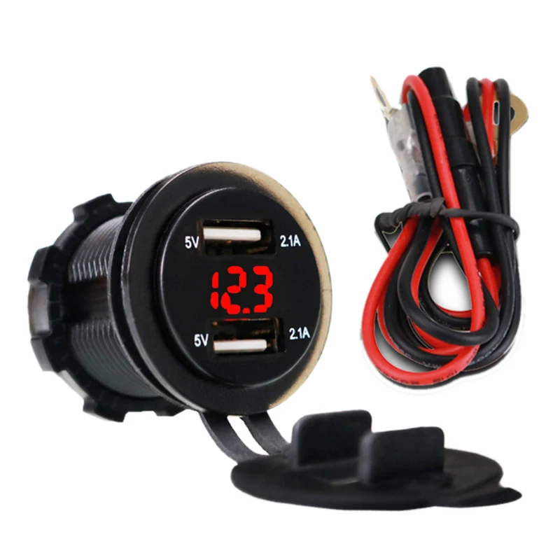

4.2A Car 2 Port Dual USB Charge Adapter Cigarette Lighter Socket LED Voltmeter with Waterproof Cover for DC 12V-24V Cars Vehicle