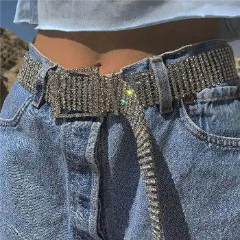 

Women Silver Chain Belt Diamond Crystal Belt Full Rhinestone Shiny Waist Belt RUEWEY rhinestone belt