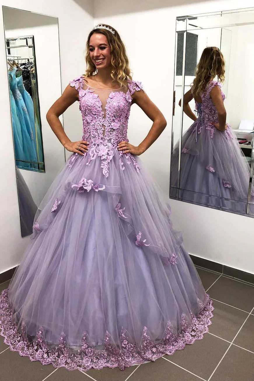

Sweet Tulle Lace Appliques Ball Gown Cap Sleeve Floor Length Evening Gown