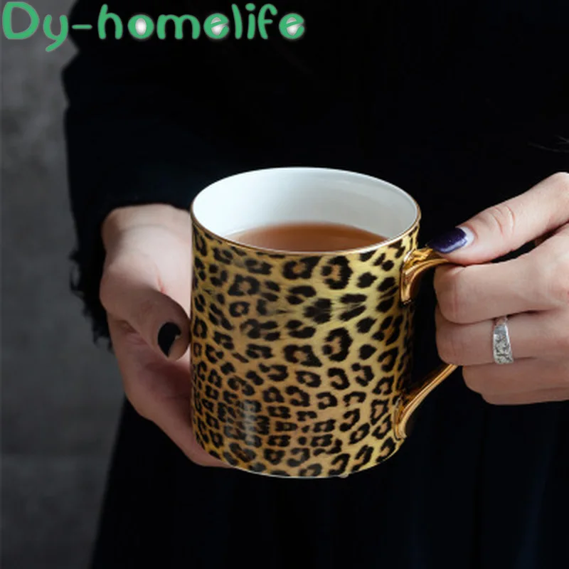 

European-style Creative Phnom Penh Leopard Round Handle Ceramic Mug Household with Spoon Bone China Milk Coffee Tea Cup