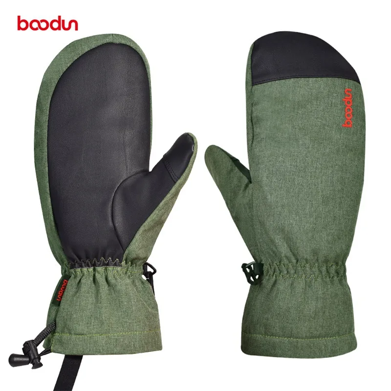 Boodun Men Women Winter Ski Gloves Windproof Waterproof Snow Snowboard Skiing Gloves Thermal Fleece Warm Gloves with PU Palm - Цвет: green