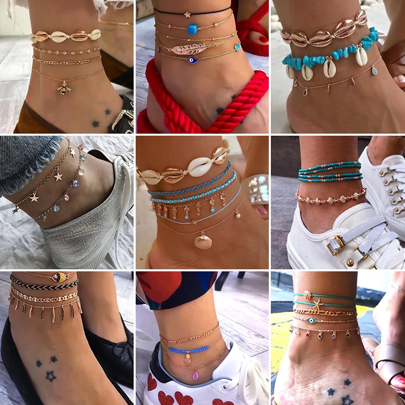 

Gold Creative Conch Bee Crystal Pendant Leather Braided Rope Anklets Lady Fashion Beach Jewelry Accessories Women Anklet Set