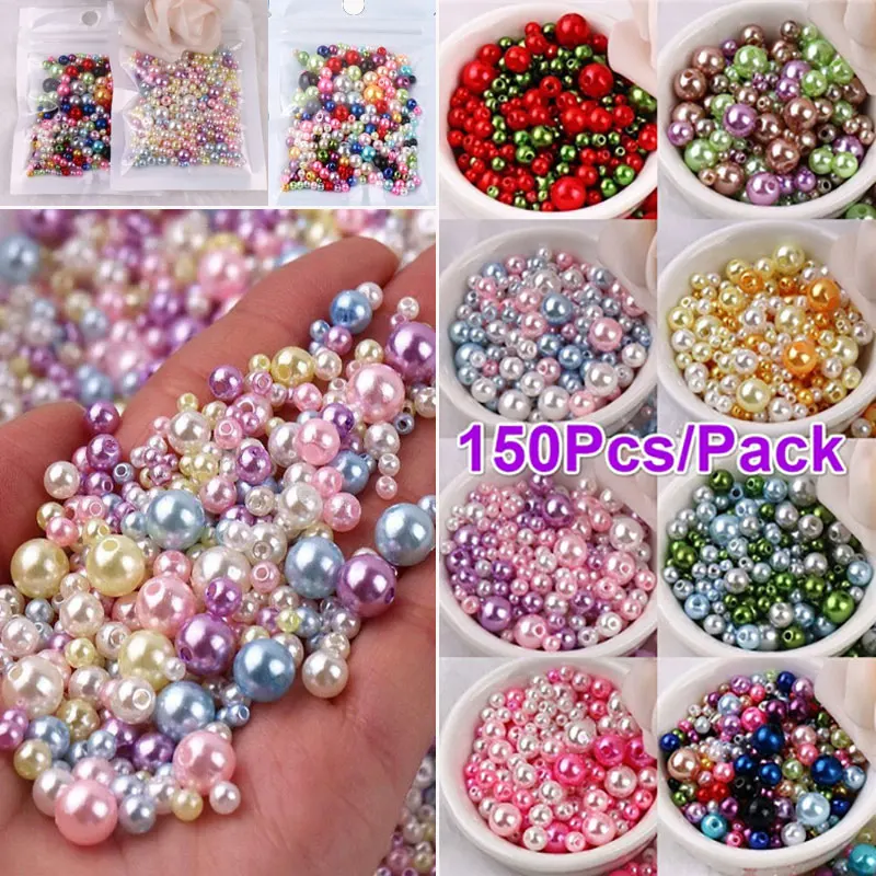 150Pcs/Pack Colorful Imitation Pearls Beads imitation pearl beads Mix Size 3/4/5/6/8mm Loose Spacer Round Beads With Hole For Craft DIY Jewelry Making