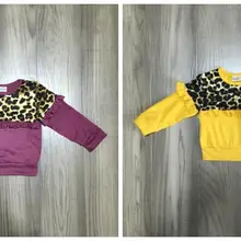 Эксклюзивная футболка для маленьких девочек; сезон осень-зима; детская одежда из хлопка; реглан; Цвет горчичный, винный, Леопардовый; реглан с длинными рукавами и оборками