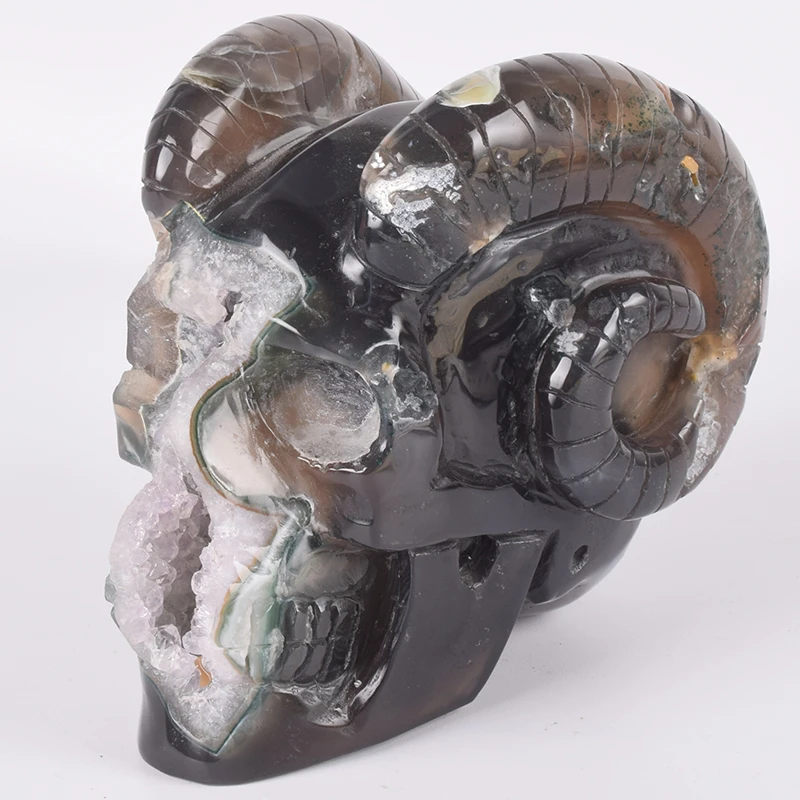 1305 г ручной резной бисер из драгоценного камня Geode " Shofar Head Череп смерти фигурка Хэллоуин кварцевые статуэтки оникс статуя фэн шуй Декор