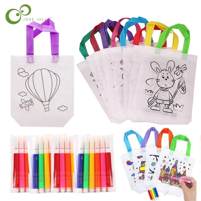 Mejor Compra Juego de bolsas de Grafiti de manualidades con rotuladores para niños, juego de 5 bolsas de tela no tejida para pintar a mano, con relleno de colores para manualidades, GYH J9jKmq80l