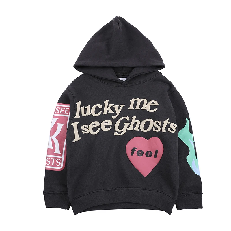 Детская толстовка с капюшоном Kanye West Lucky me I see ghost надпись буффами махровая для