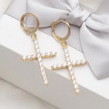 

2020 New Original Hot Cross Gold/Silver Color Long Earrings CZ Crystal Drop Earrings for Women Fashion Wedding Jewelry Gift