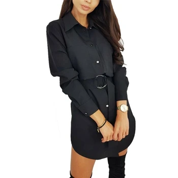 

Spring Autumn Fashion Women Turn-Down Collar Mini Dress Casual Lapel Tops Shirt Ladies Long Sleeve Office Mini Dresses Black