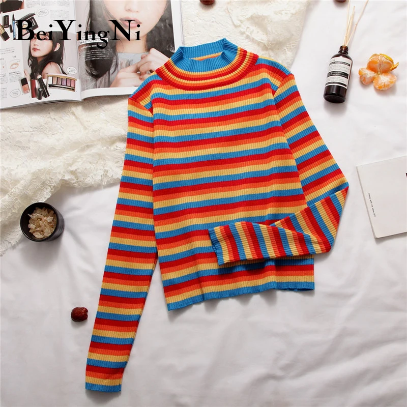 Beiyingni Spring Autumn Long Sleeve Knit Sweater Women Stripe Cute Hit Color Casual Pullover Tops Female Basic Ulzzang Jumper