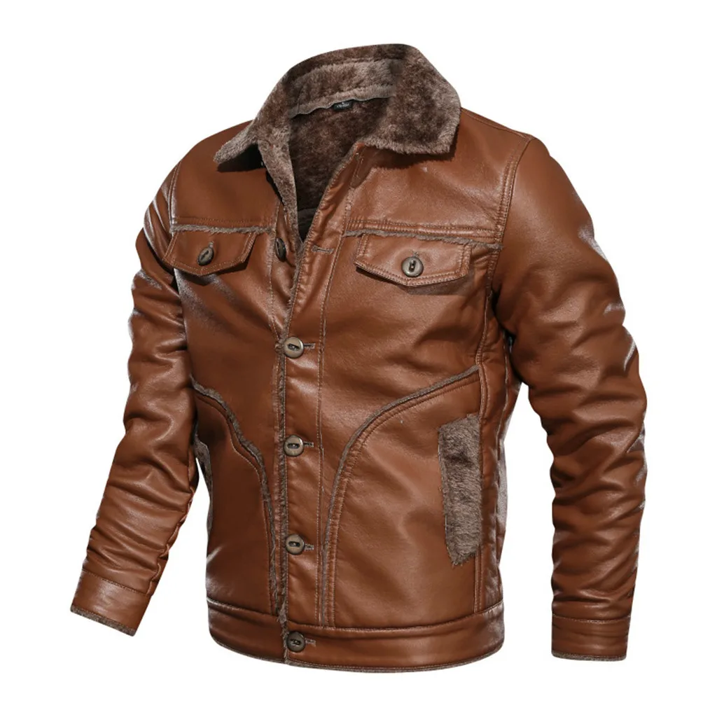 men's fashion winter jacket куртка мужская пуховик Men's Autumn Winter Vintage Turn-down Collar Solid Imitation Leather Coat