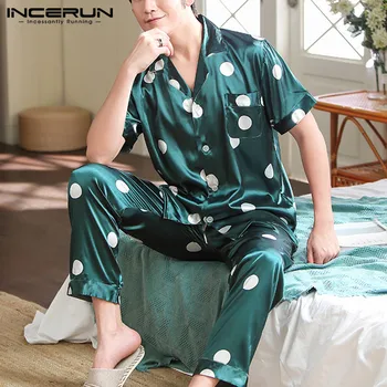 

INCERUN Fashion Solid Color Nightwear Suits Mens Polka Dot Print Pajamas Sets Lapel Tops Summer Shorts Sleepwear Loose Homewear