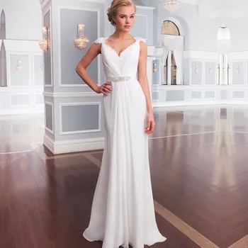 

wedding gowns 2018 New Design V-neck cap sleeve Chiffon Lace Belt vestido de novia vintage casamento Mother of the Bride Dresses