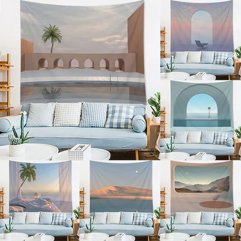 Korean Imitation Landscape Tapestry Home Decor Dorm Wall Nordic Beautiful Scenery Hanging Yoga Mat Curtain 73*95 | Дом и сад