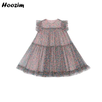 

Bohemian Print Flower Tulle Flounce Sleeve Straigth Dress Girls 4-11 Years 2020 Summer Holiday Pleated Back Zipper Dresses Child