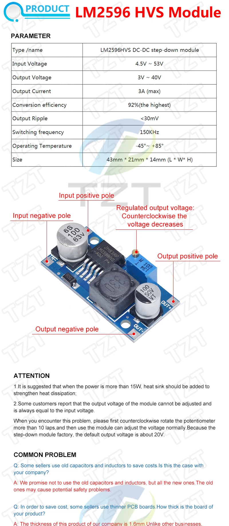 TZT 1/2/5 Stück LM2596HVS LM2596 HV LM2596HV DC-DC Einstellbarer Abwärtswandler Leistungsmodul 4,5–50 V bis 3–35 V – Detail 1