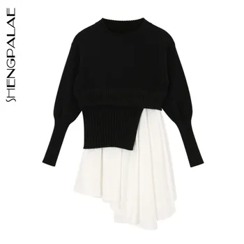 

SHENGPALAE 2020 New Spring Long Sleeve Jumper Knitted Loose Fashion Irregular Fake Two Slim Sweaters Pullover Femme ZA2503