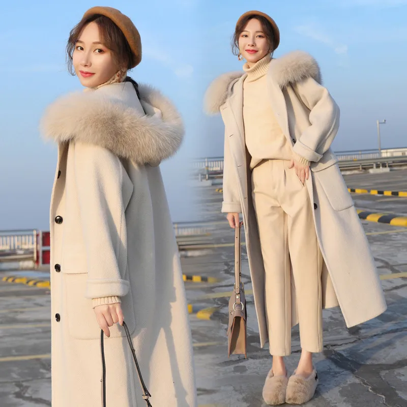 Women Wool Outwear Winter Woolen Coat Long Sleeve Hooded Fur Collar Blends Jacket Elegant Lady Overcoats Large Size Coats XIN228 Women Wool Outwear Winter Woolen Coat Long Sleeve Hooded Fur Collar Blends Jacket Elegant Lady Overcoats Large Size Coats XIN228