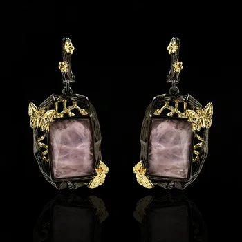 

New Fashion Lady Bohemian Style Square Natural Crystal Butterfly Flying Earrings Lady Sweet 925 Silver Jewelry Drop Earrings