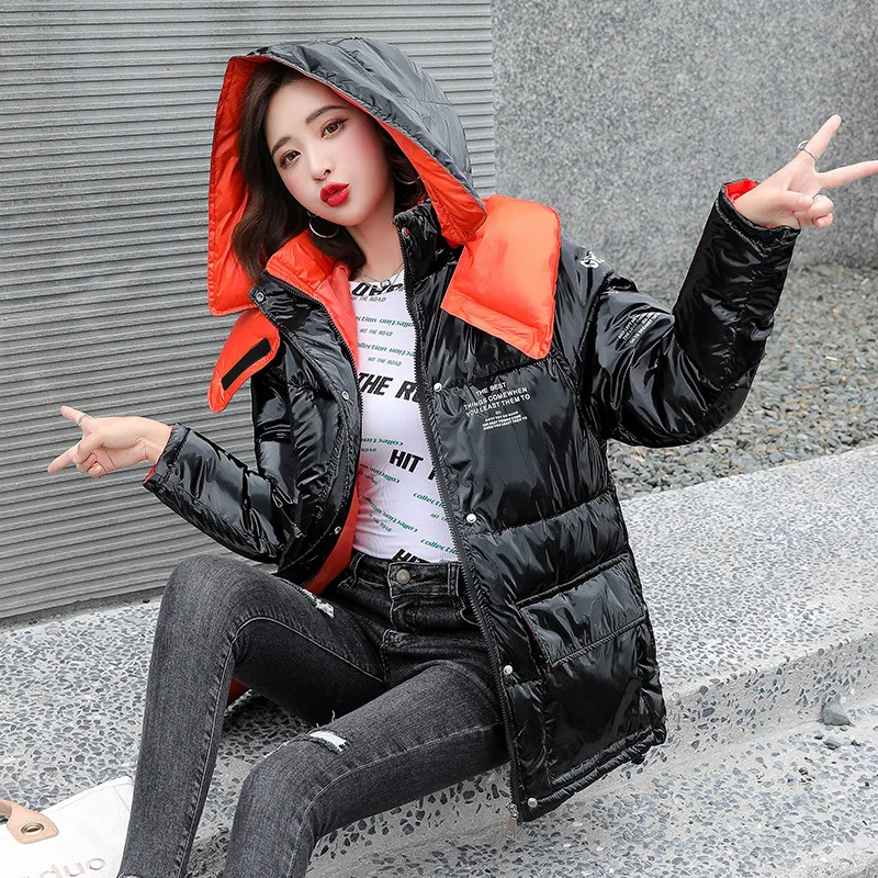 

Winter Parkas Hooded Harajuku Black Cropped Reflective Short Jackets for Women Clothing Basic Sleeves Warm Bomber Windbreaker